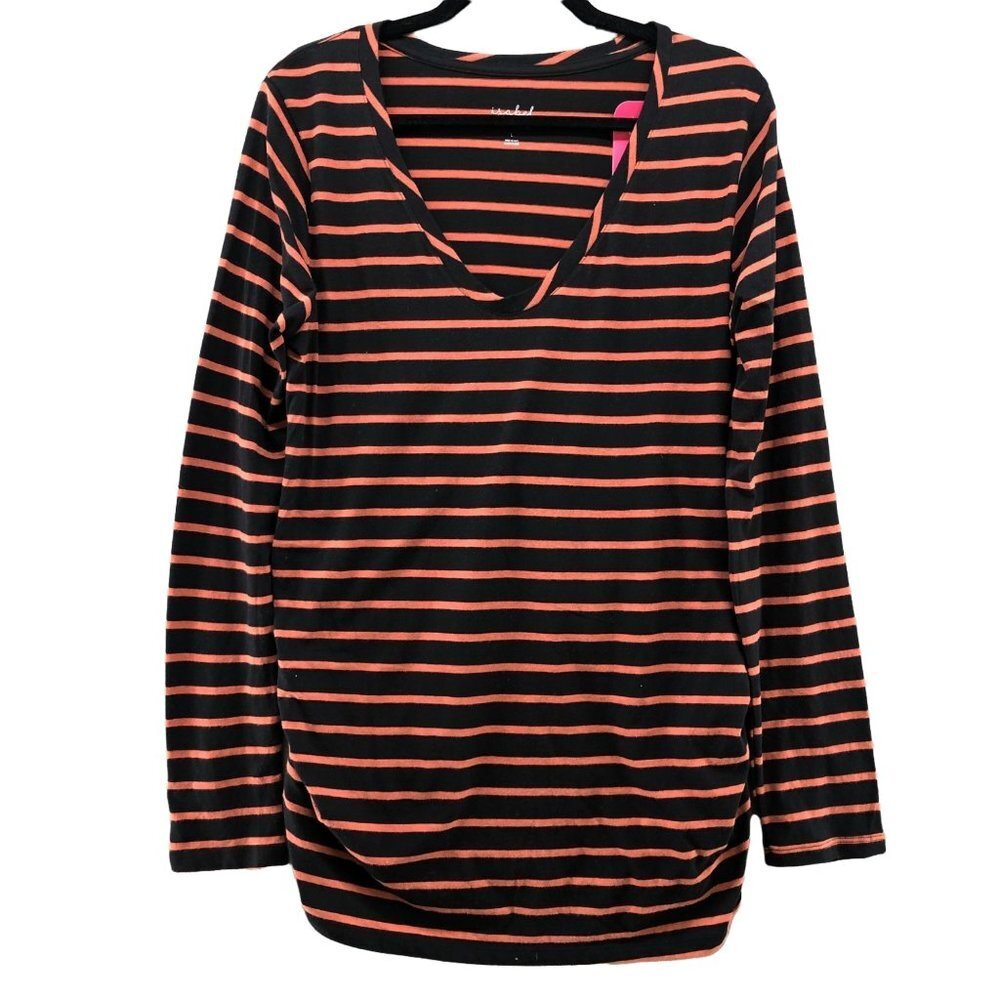 NWT Isabel Maternity Long Sleeve T Shirt Womens‎ L V-Neck Black Orange Striped